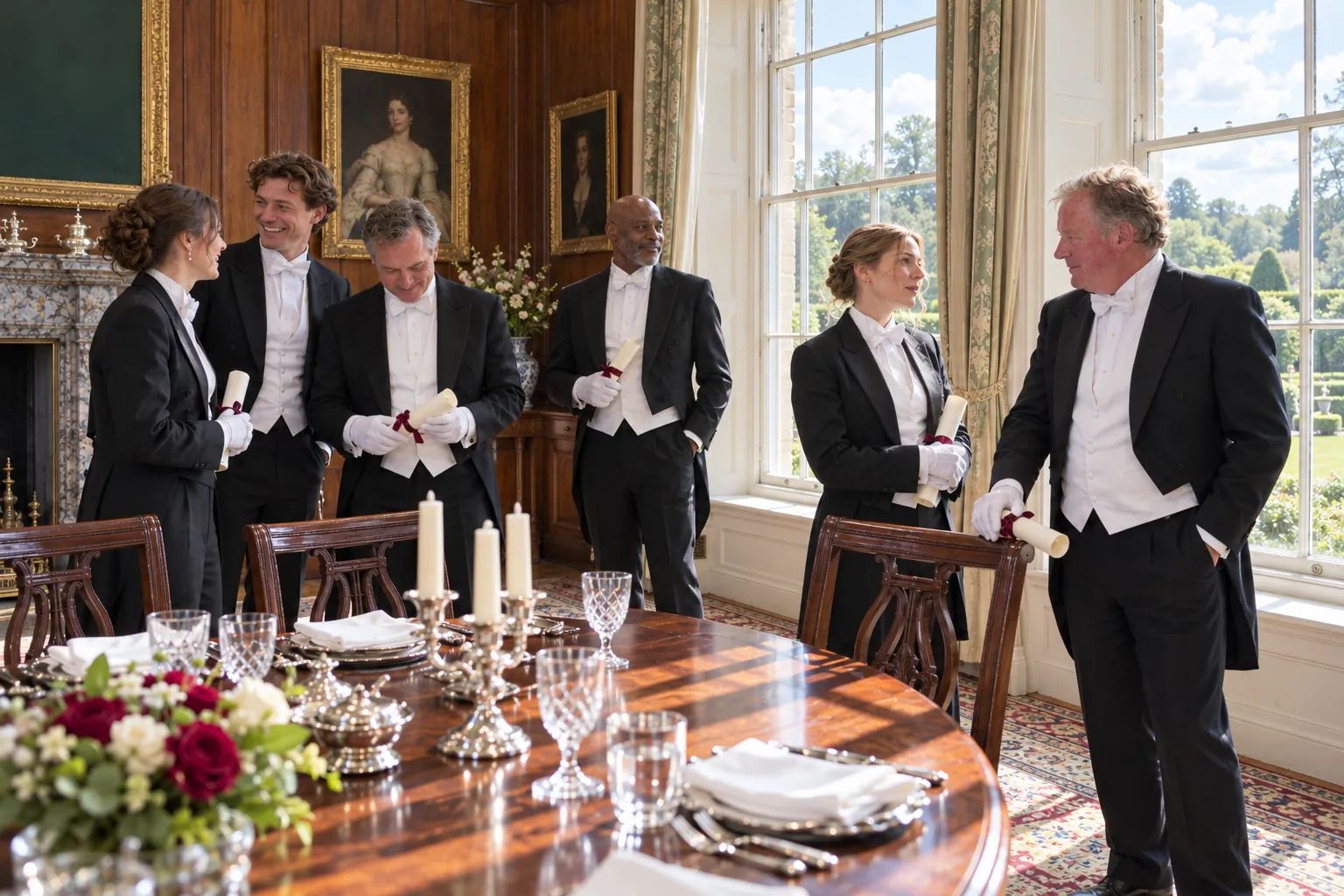 Six graduates in formal butler livery holding their scrolls in a manor dining room