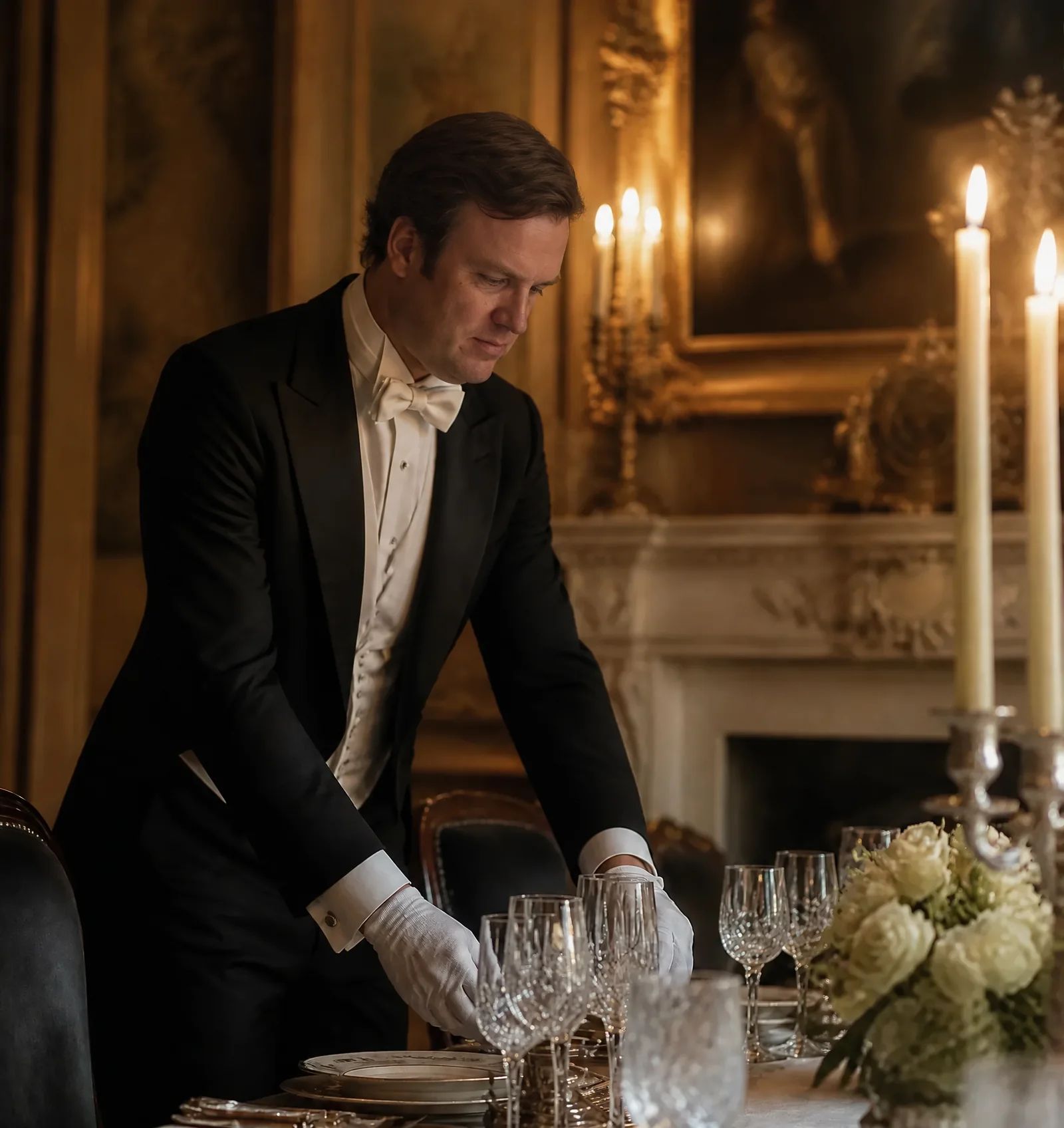 Butler in formal tailcoat setting a candlelit table in a grand dining room