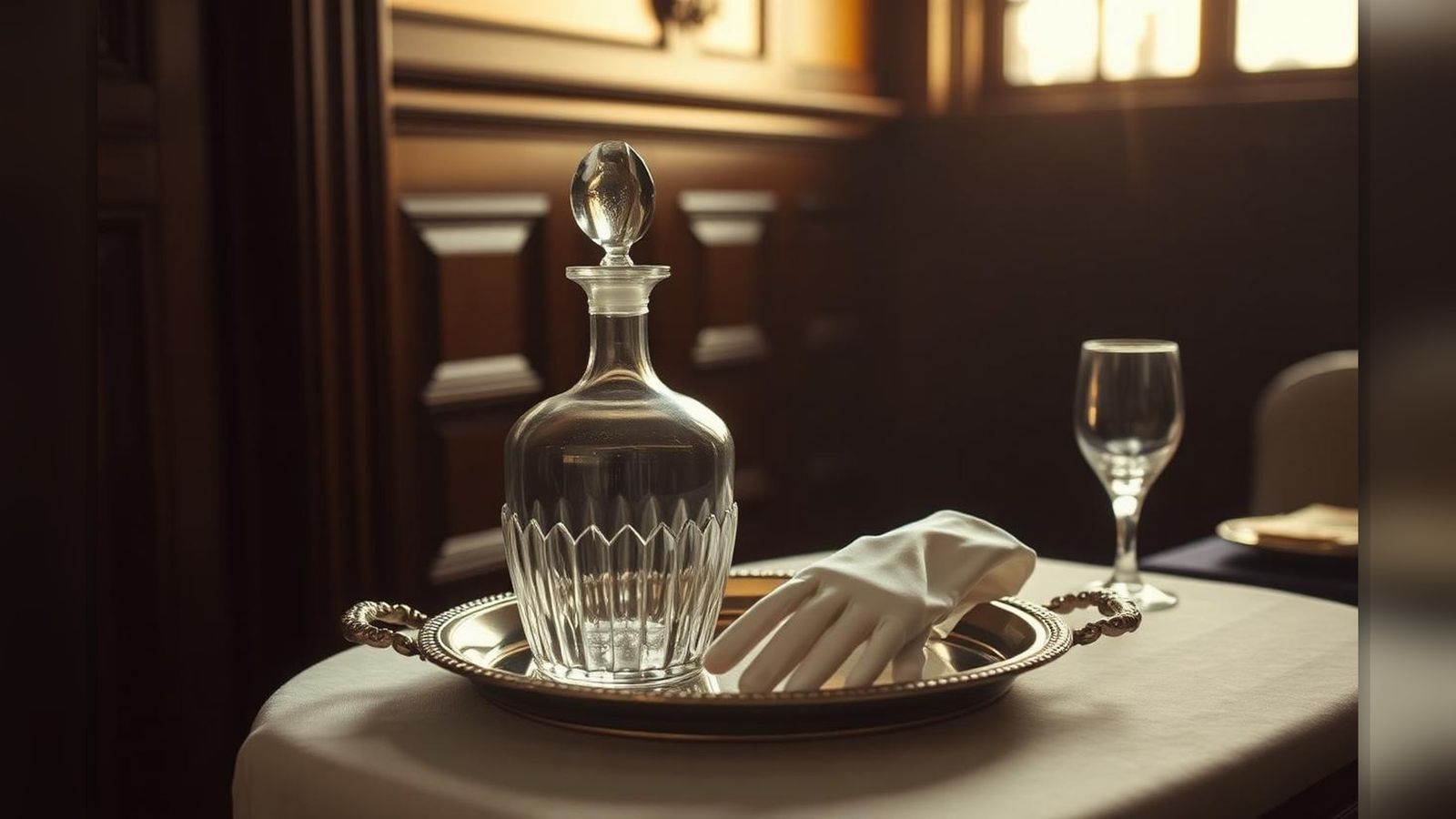 A polished silver tray with a crystal decanter and folded white gloves in a wood-panelled butler's pantry at dawn.