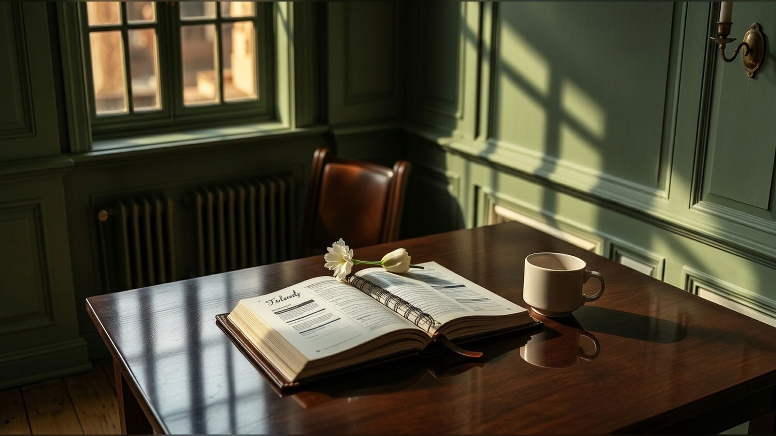 An open leather-bound diary on a polished desk in a quiet study at dawn.