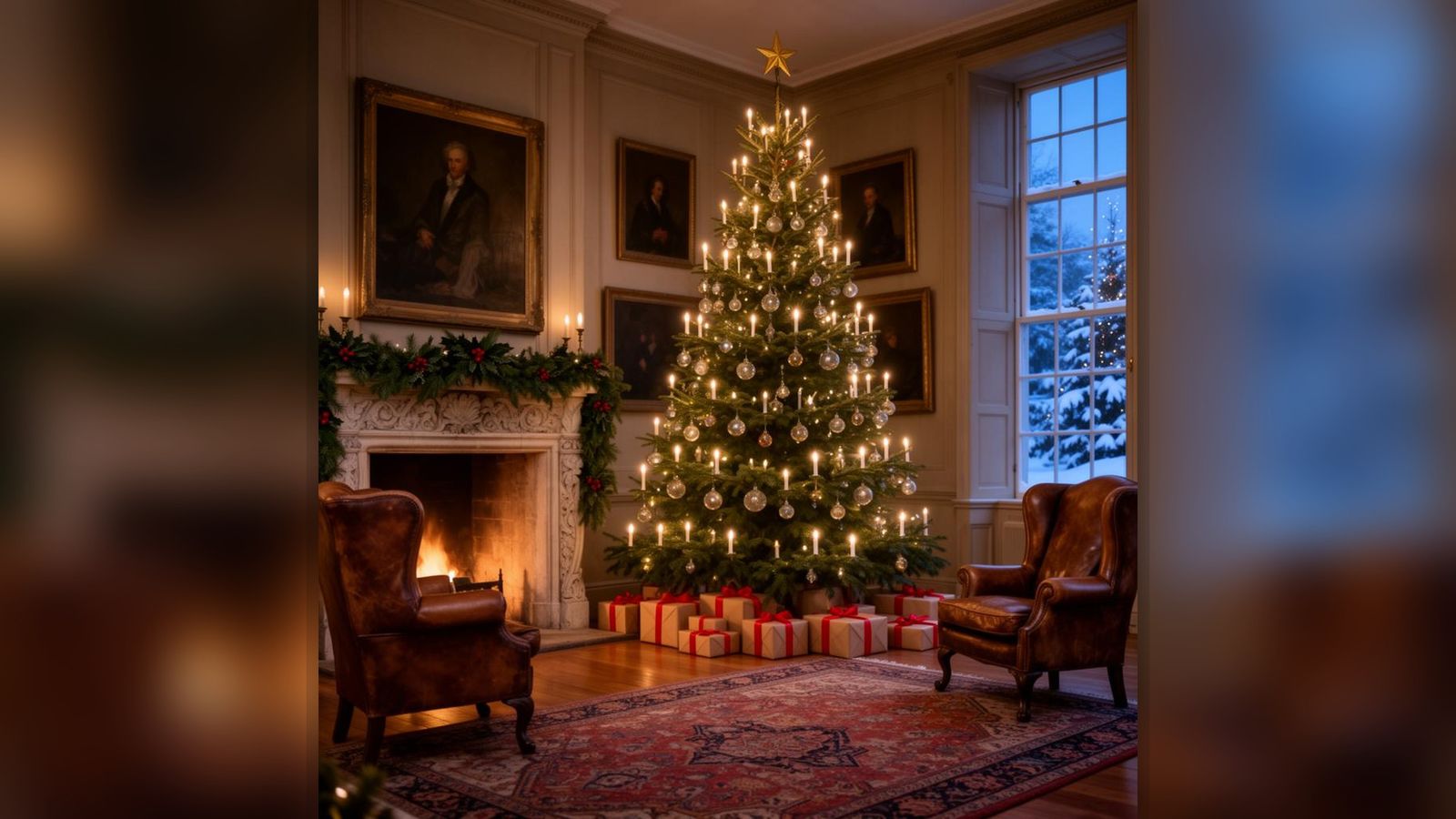 A grand English country house drawing room at dusk on Christmas Eve with a tall fir tree dressed in candle lights and antique baubles, a stone fireplace alight beside it, and snow visible through tall sash windows.