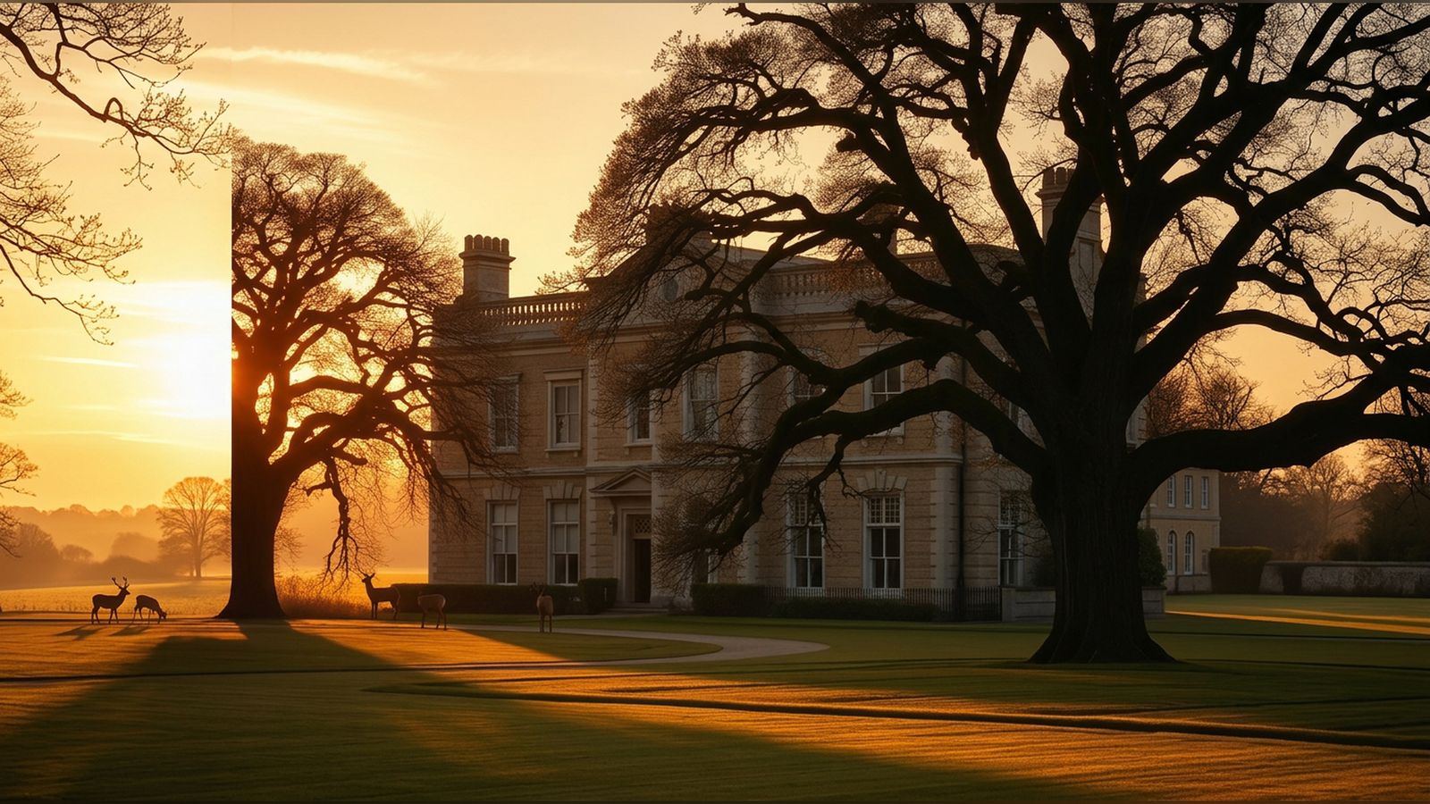 A grand English country estate at golden hour with ancient oaks and parkland.