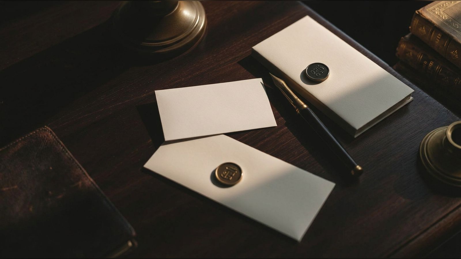 A cream calling card, a fountain pen and a wax-sealed envelope on a dark walnut desk.