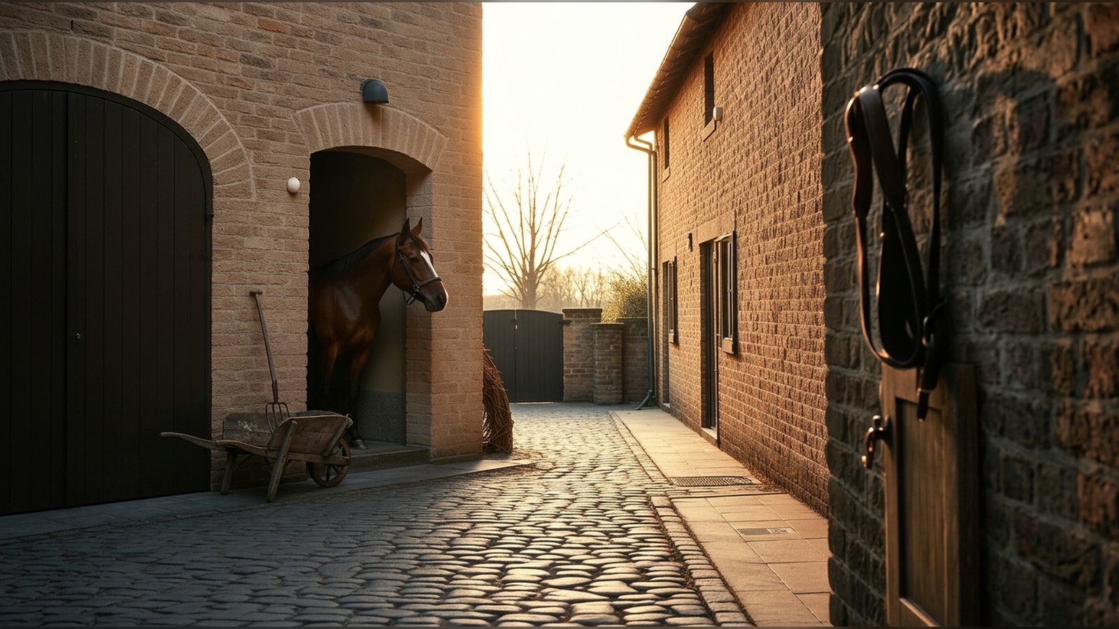 An English stable yard at dawn with a chestnut horse and a leather bridle on the wall.