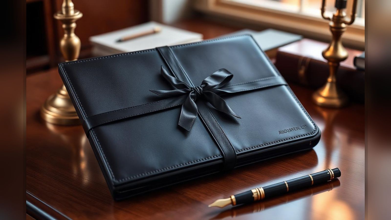 A leather portfolio tied with a dark silk ribbon resting on a polished walnut desk beside a brass desk lamp and a fountain pen.