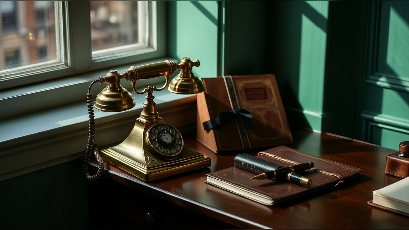 A vintage brass desk telephone beside a leather address book on a walnut secretary desk.