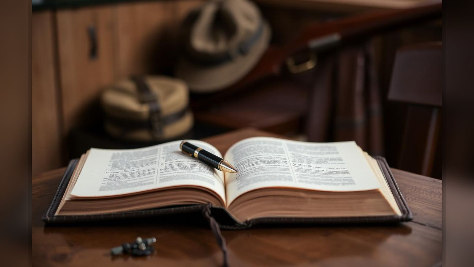 An open leather-bound game book on a wooden table in a country gun room, fountain pen across the page, tweed cap and cartridge bag in soft focus behind.