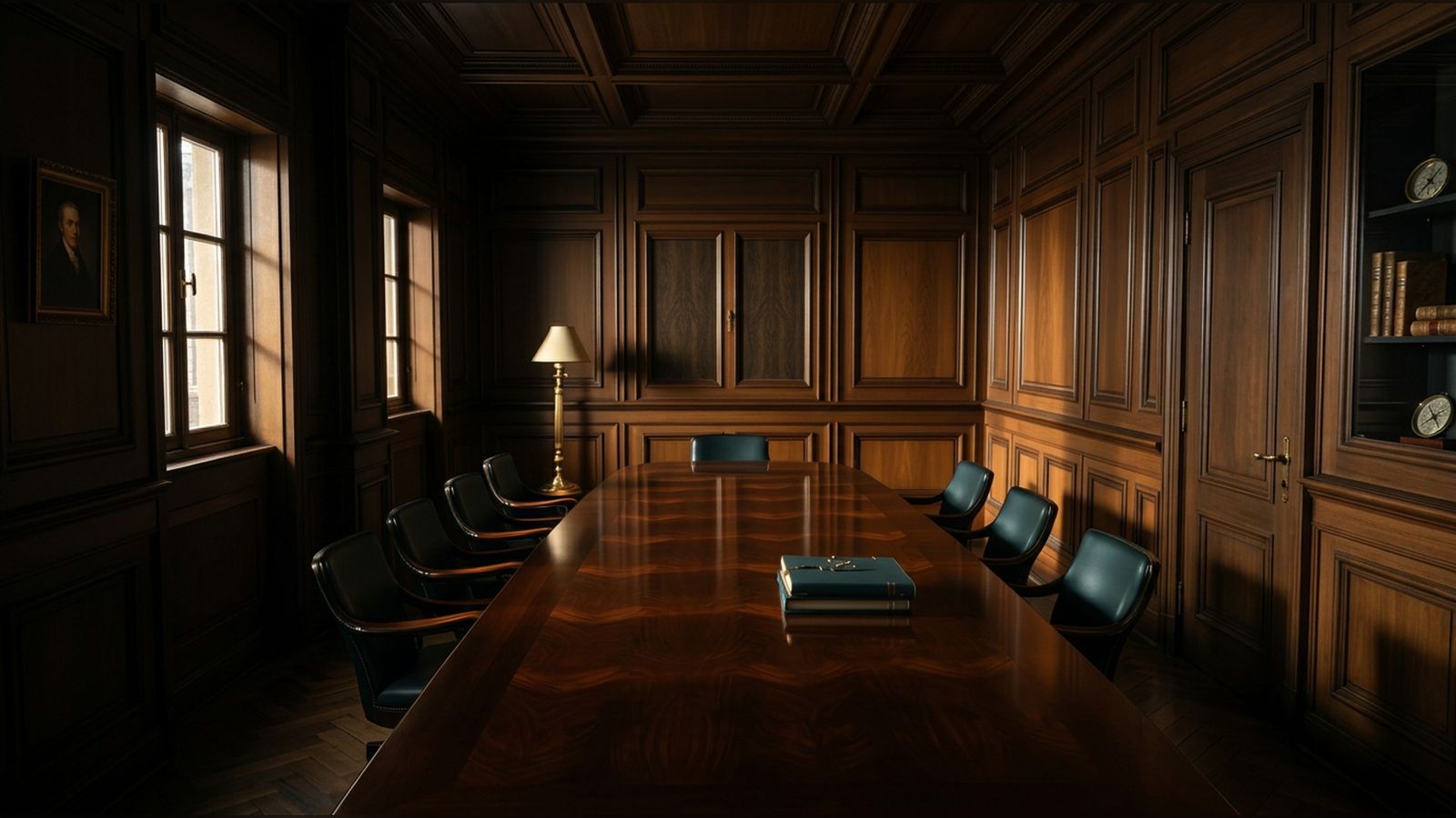 A long polished boardroom table in a quiet wood-panelled room.