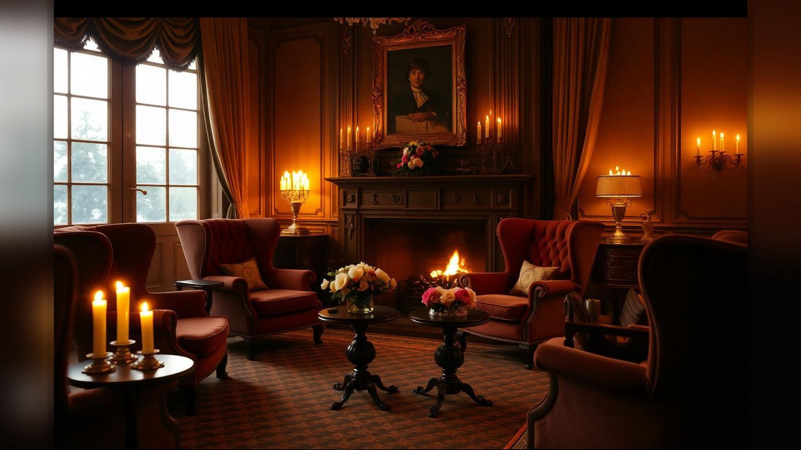A grand candlelit drawing room set for receiving guests, deep velvet armchairs by a fire and fresh flowers on a side table.