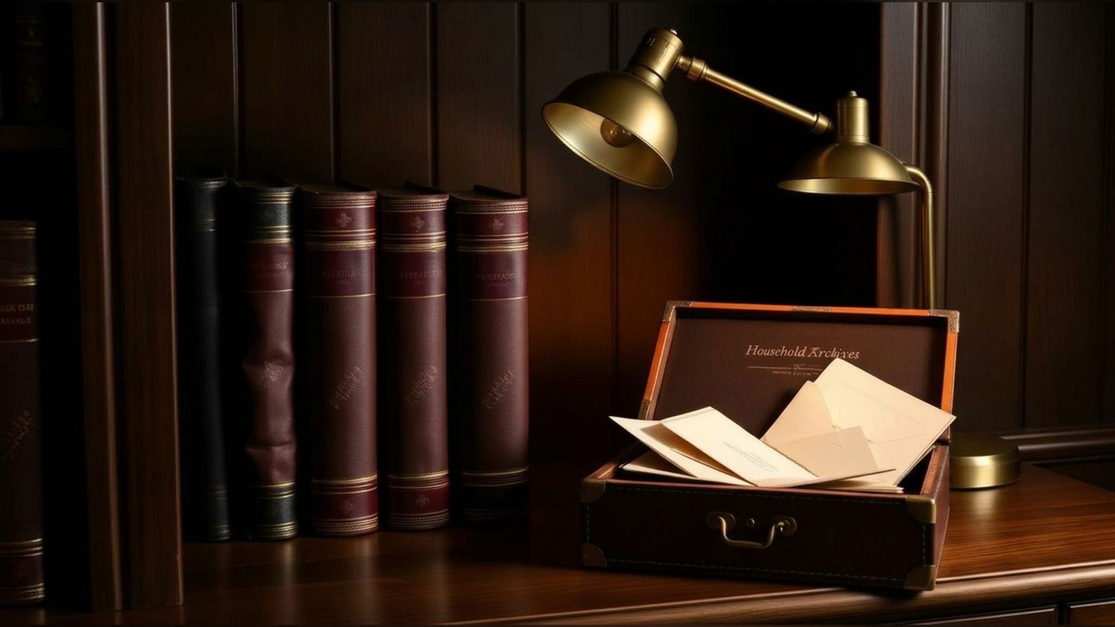 Leather-bound ledgers on a dark wooden shelf beside an open archive box of letters.