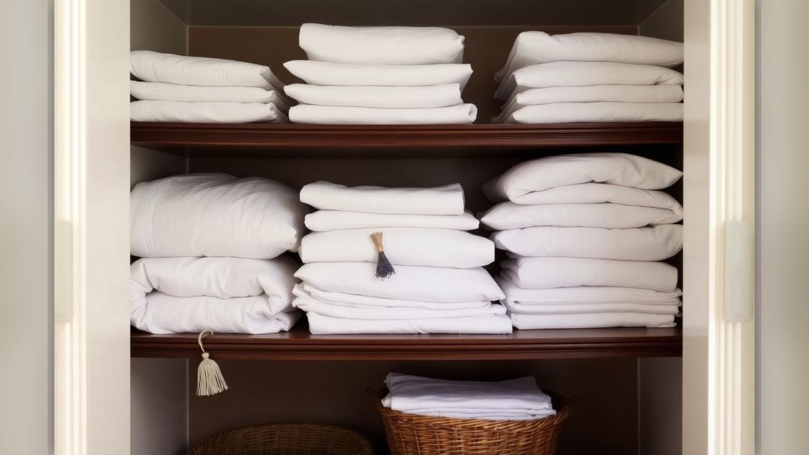 Stacks of pressed white linen sheets and folded towels on dark wooden shelves of a housekeeper's cupboard with a small lavender sachet.