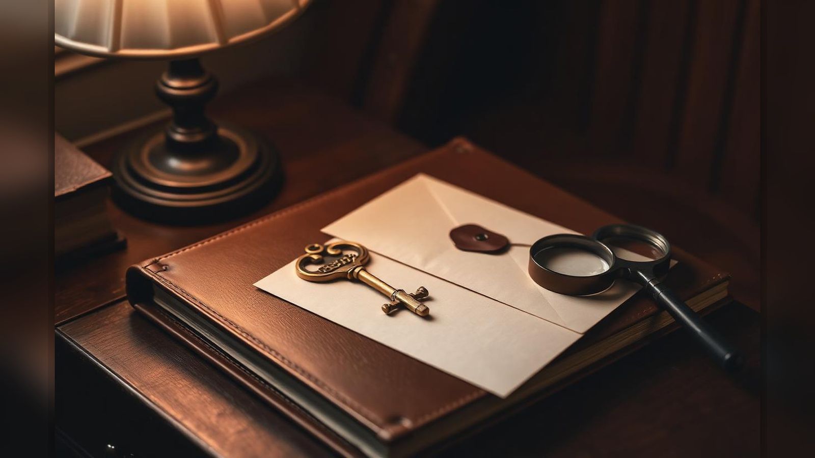 An antique brass key resting on a leather-bound estate ledger beside a wax-sealed envelope and magnifying glass, lit by warm lamplight on a dark walnut desk.