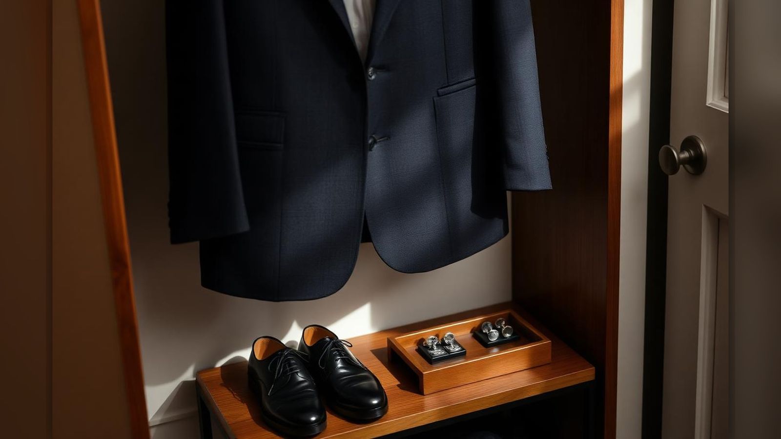 A charcoal bespoke jacket on a wooden valet stand with polished black oxford shoes below and a tray of silver cufflinks, soft morning light.