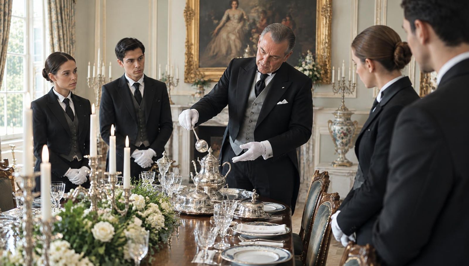 A senior butler demonstrating silver service to trainees at a candlelit table