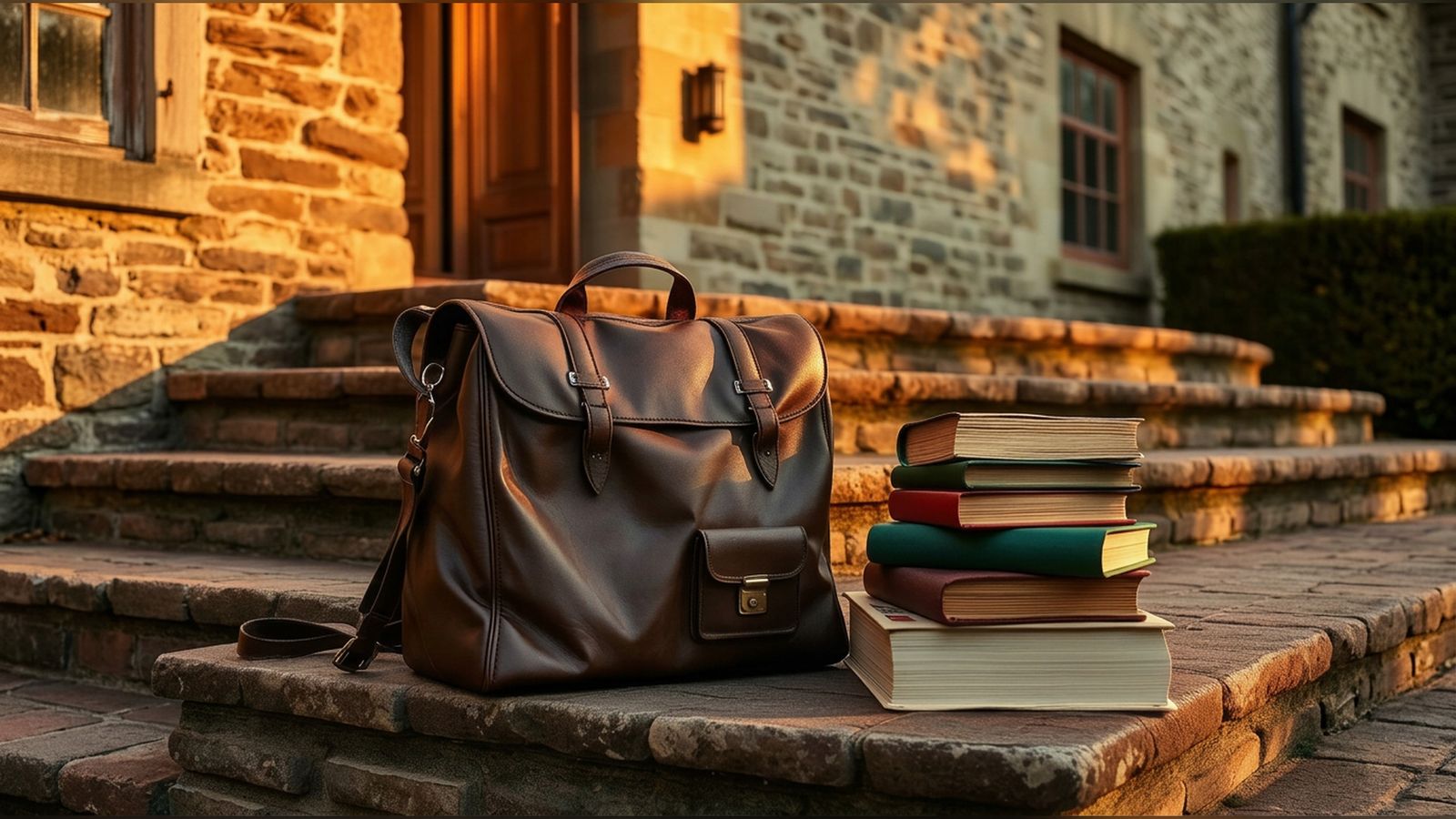 A leather satchel and a stack of clothbound books on the steps of a stone manor at golden hour.