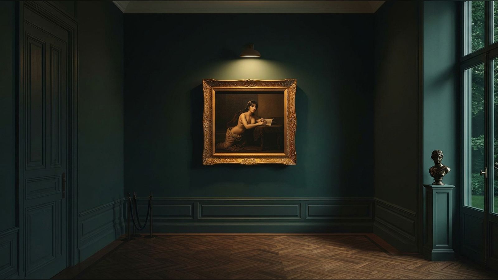 A single classical oil painting in a gilded frame on a deep green gallery wall.