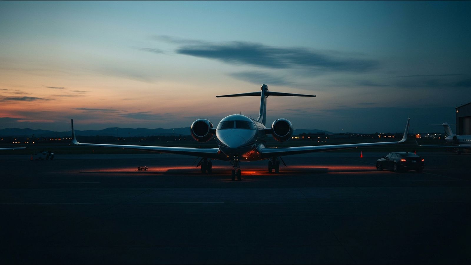 A private business jet on a quiet tarmac at dusk with hangar lights softly glowing.