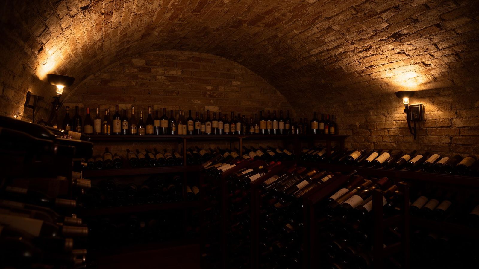 A vaulted brick wine cellar lit by warm sconces, with rows of bottles resting on dark wooden racks.