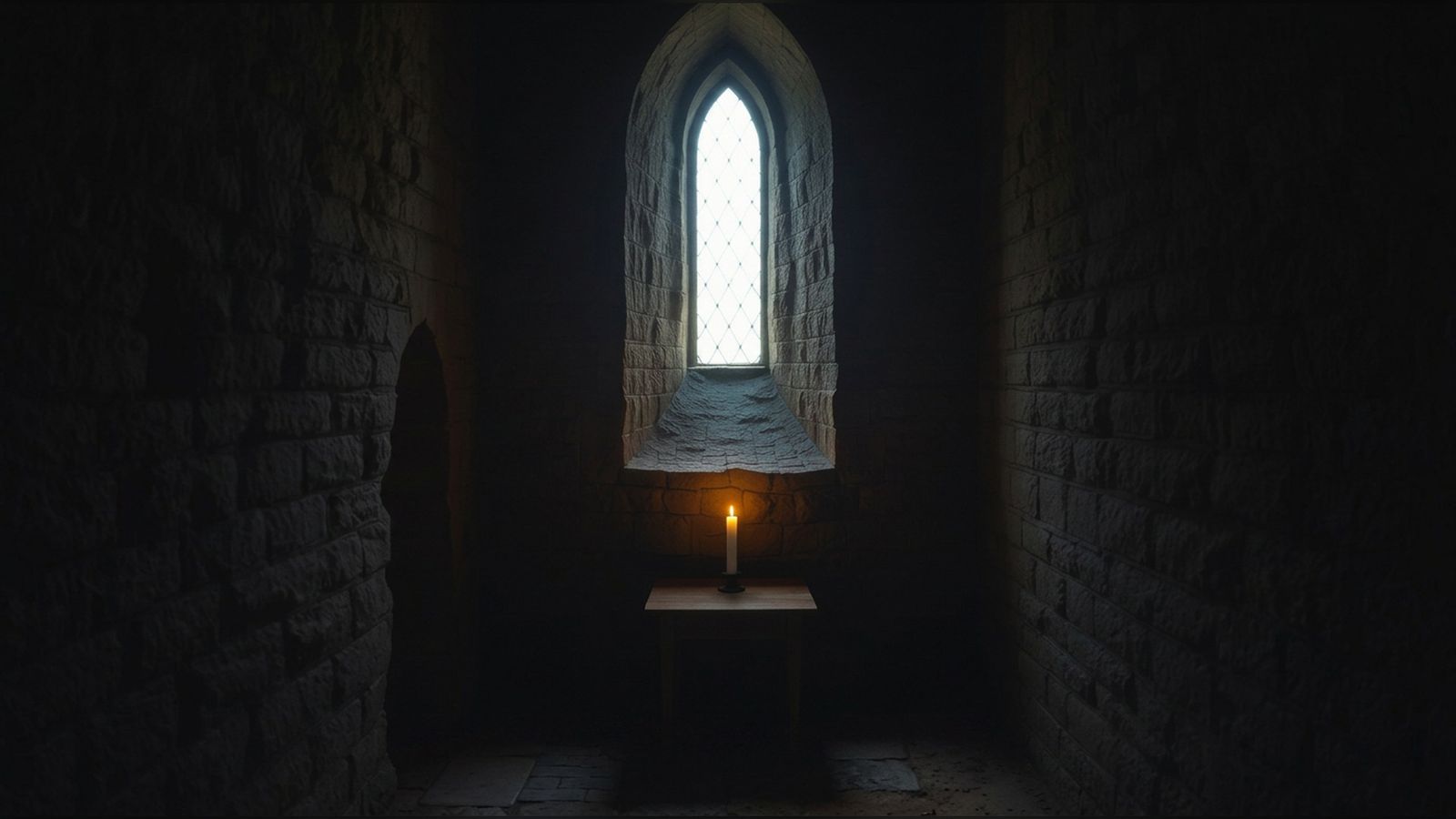 A small private chapel interior with a single candle on a wooden altar by a stained glass window.