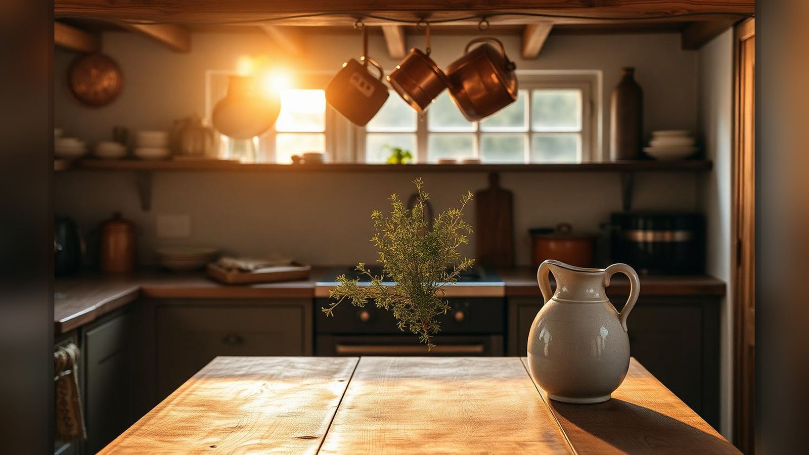 A traditional country house kitchen at golden hour, copper pots and a stoneware jug of fresh herbs on a scrubbed wooden table.