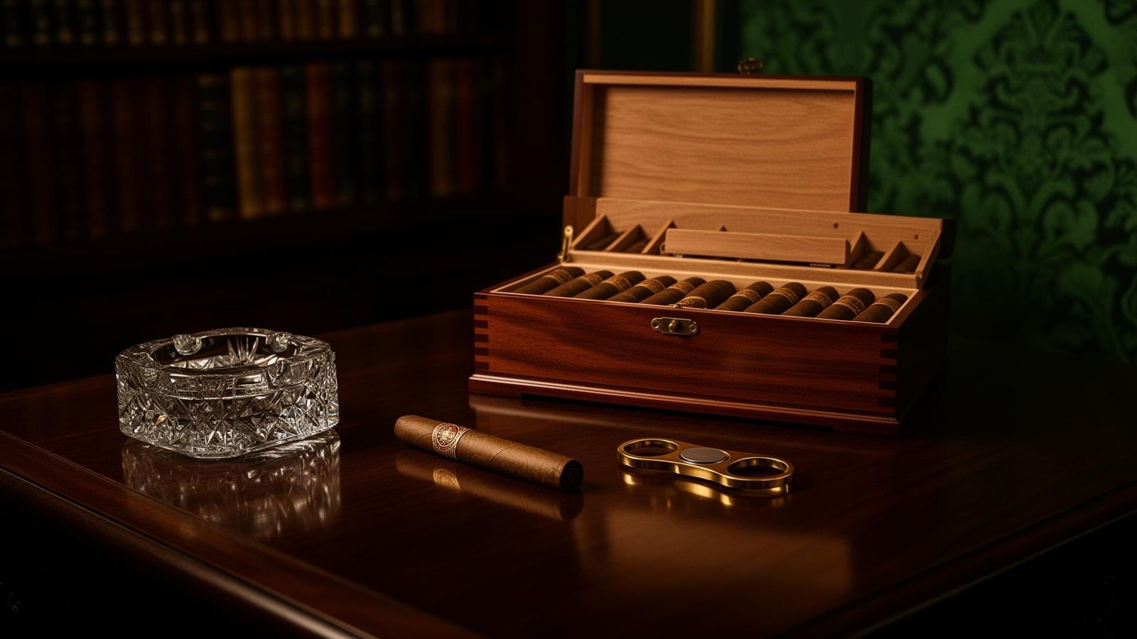 A single hand-rolled cigar resting on a polished walnut desk beside a cedar humidor and a crystal ashtray, lit by warm tungsten light.