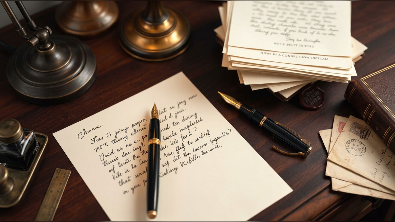 A handwritten letter on cream paper beside a fountain pen and wax seal on walnut.