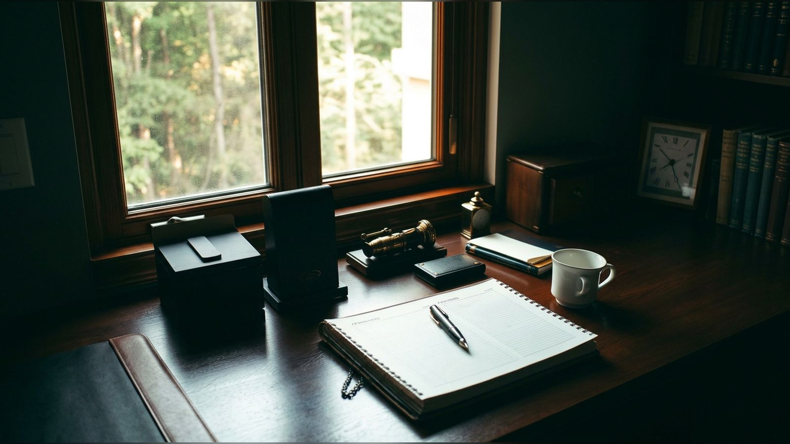 A leather-bound appointment diary and fountain pen on a walnut desk by a tall window.