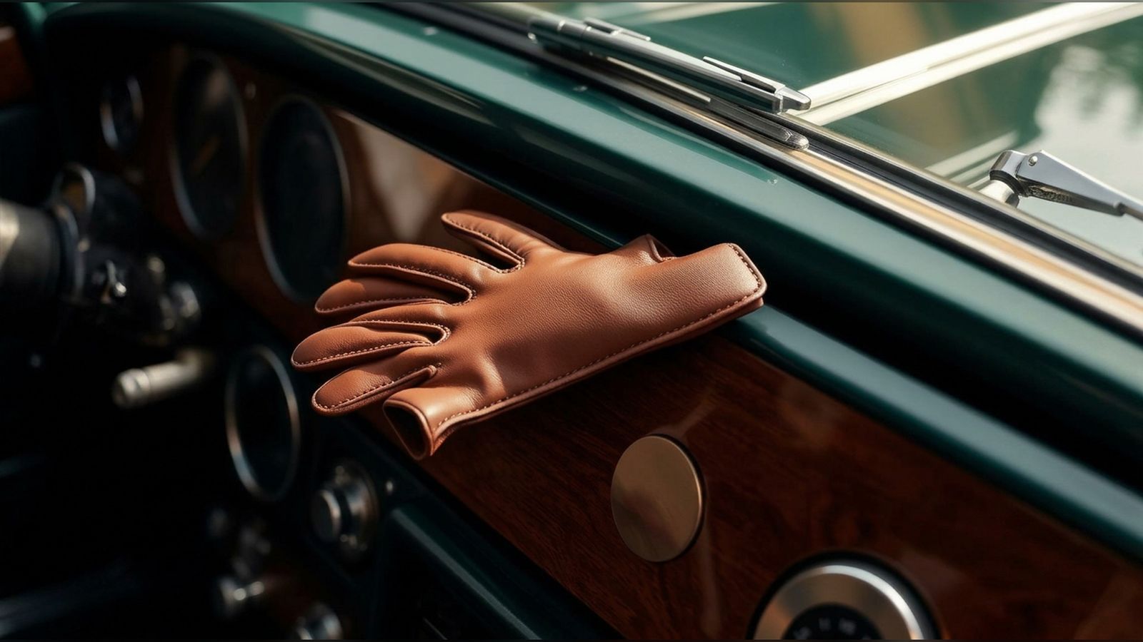 A pair of leather driving gloves resting on the polished walnut dashboard of a vintage motorcar.
