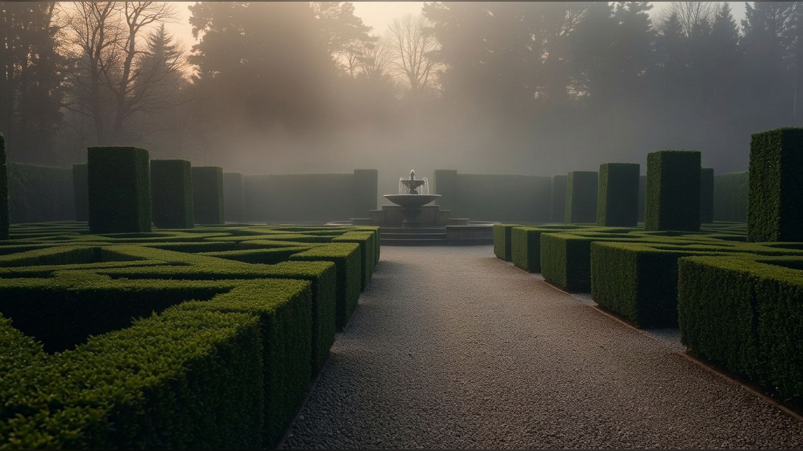 A formal English country garden at dawn with clipped box hedges and a stone fountain.