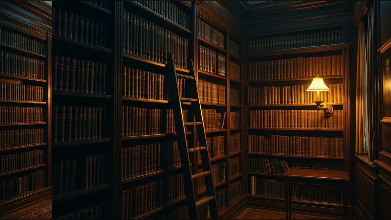 A quiet private library at golden hour, leather-bound books on dark walnut shelves.