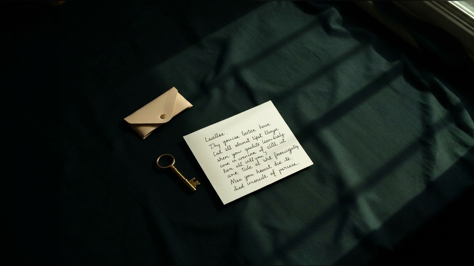 A handwritten letter beside a small envelope and a brass key on dark linen.