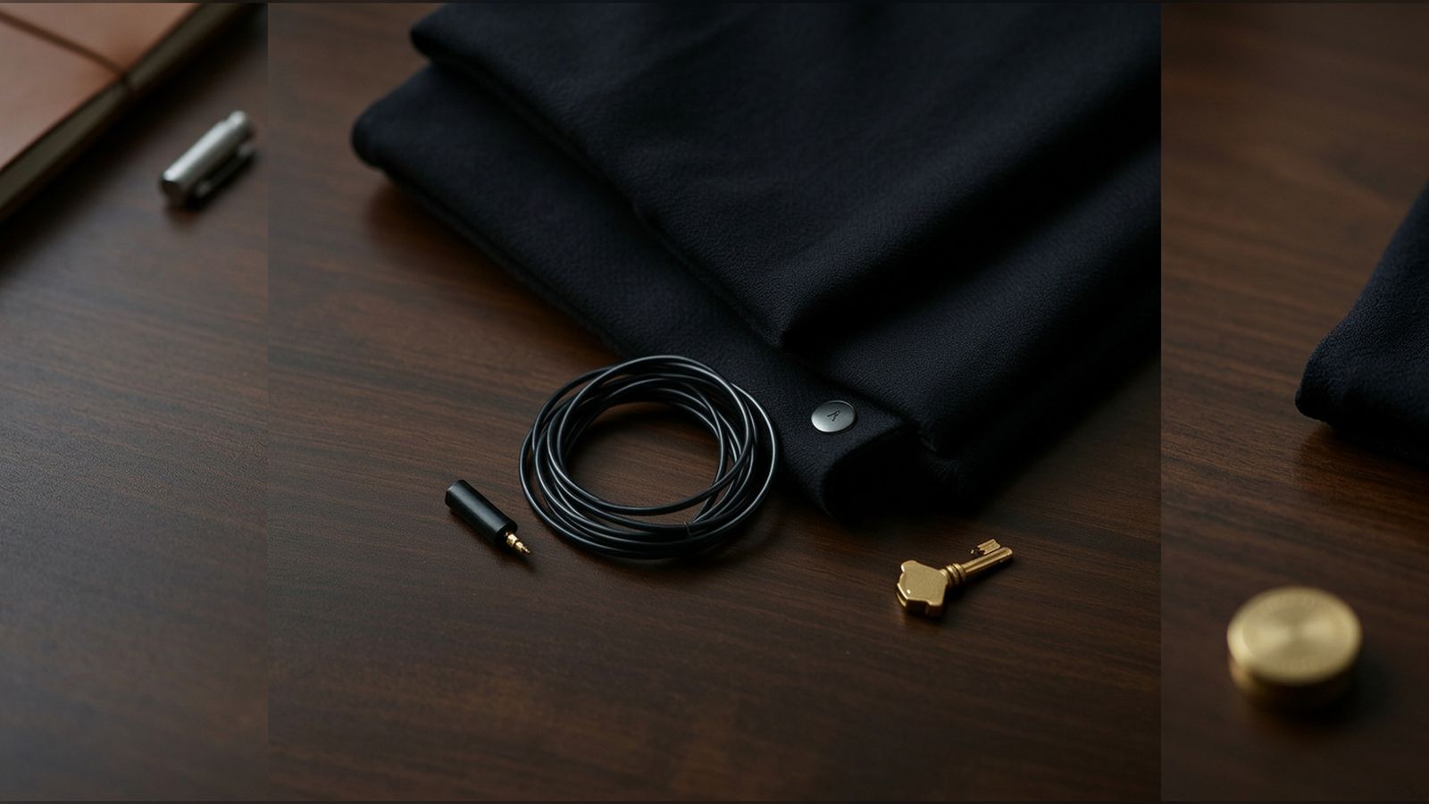 A coiled black earpiece on a dark walnut desk beside a folded overcoat and a brass key.
