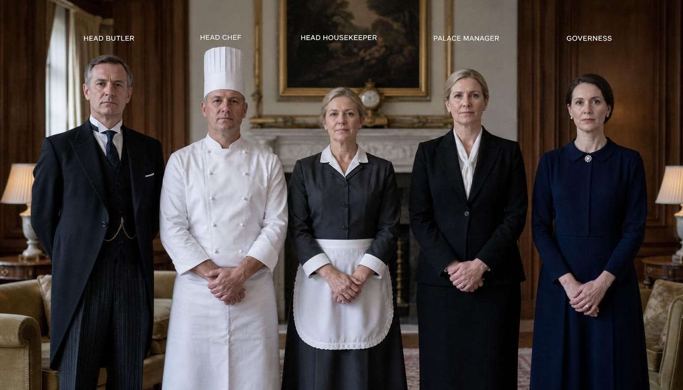Five senior private staff stand in a formal line in a private drawing room: Head Butler, Head Chef, Head Housekeeper, Palace Manager, and Governess, photographed in a report-style portrait.