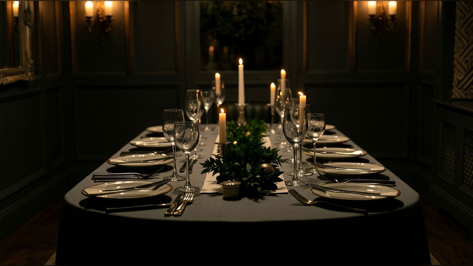 A formally laid private dining table set for an intimate candlelit dinner.