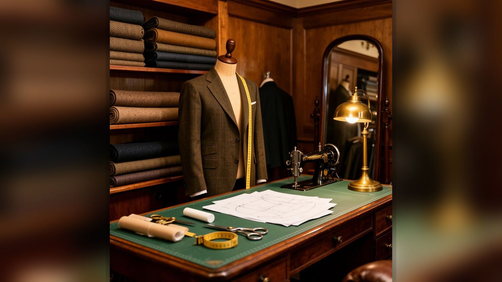 An old-fashioned bespoke tailor's shop interior with bolts of fabric, a tailor's dummy wearing a half-finished jacket, antique sewing machine, brass lamp and standing mirror.