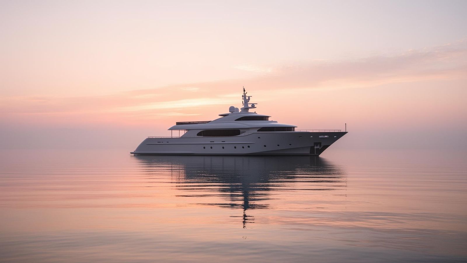 A discreet superyacht at anchor on still water at dawn, the sky soft with first light.