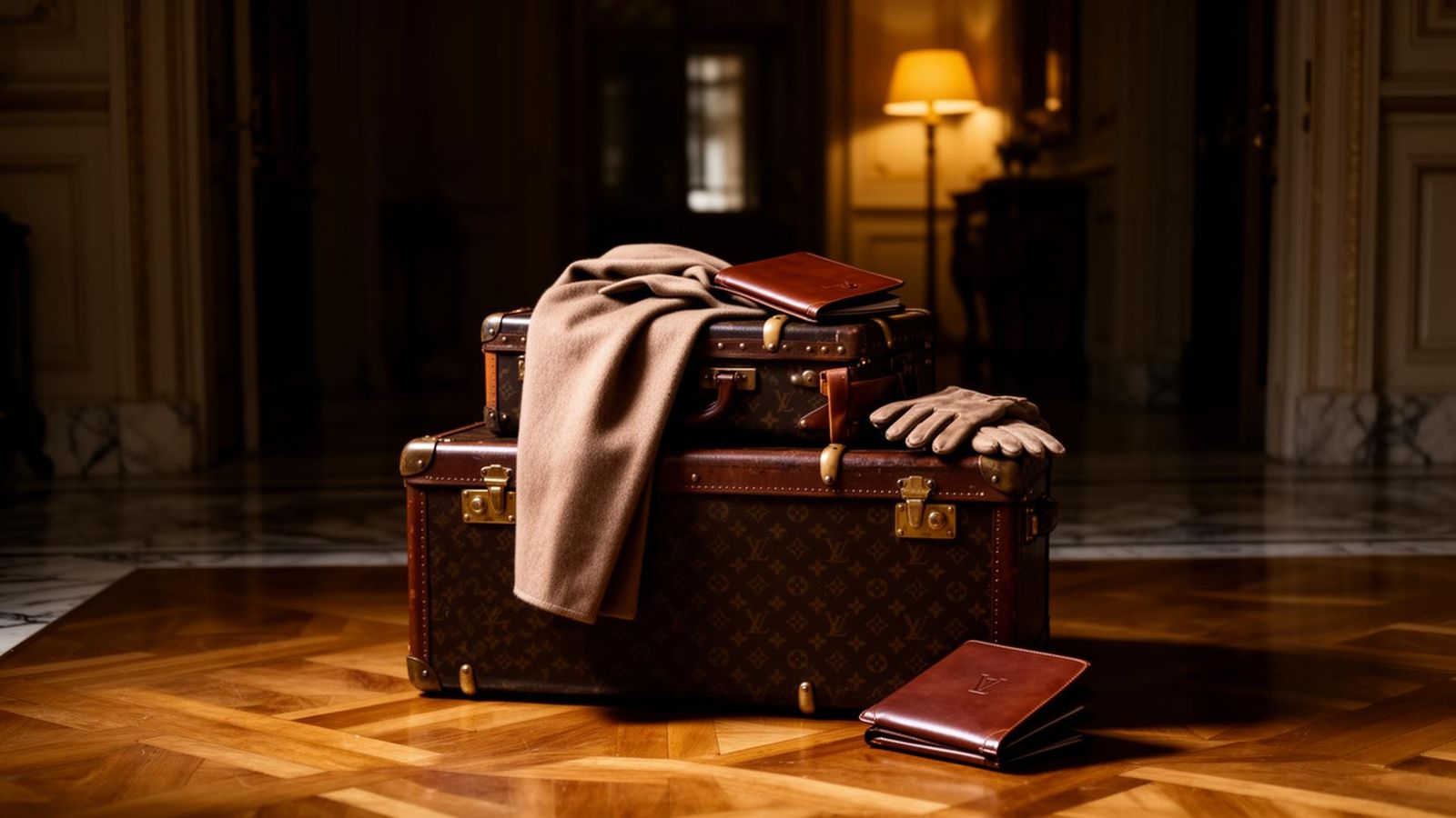 Vintage monogrammed leather travel trunks stacked in a grand entrance hall, a cashmere coat and gloves resting on top, ready for departure.