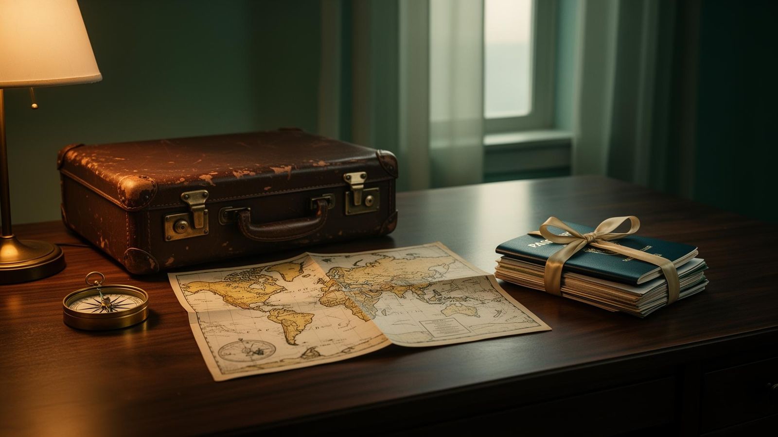A worn leather suitcase, a folded antique world map, a brass compass and a ribbon-tied bundle of passports on a dark walnut desk lit by warm lamplight at dawn.