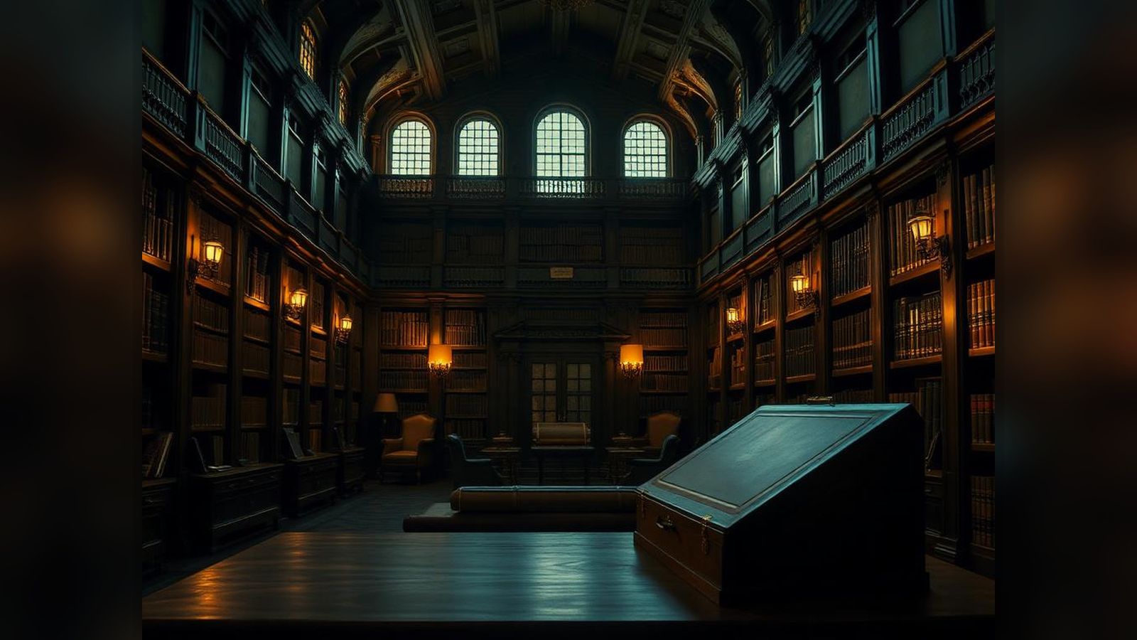 A grand wood-panelled library at dusk, lit by warm lamplight.