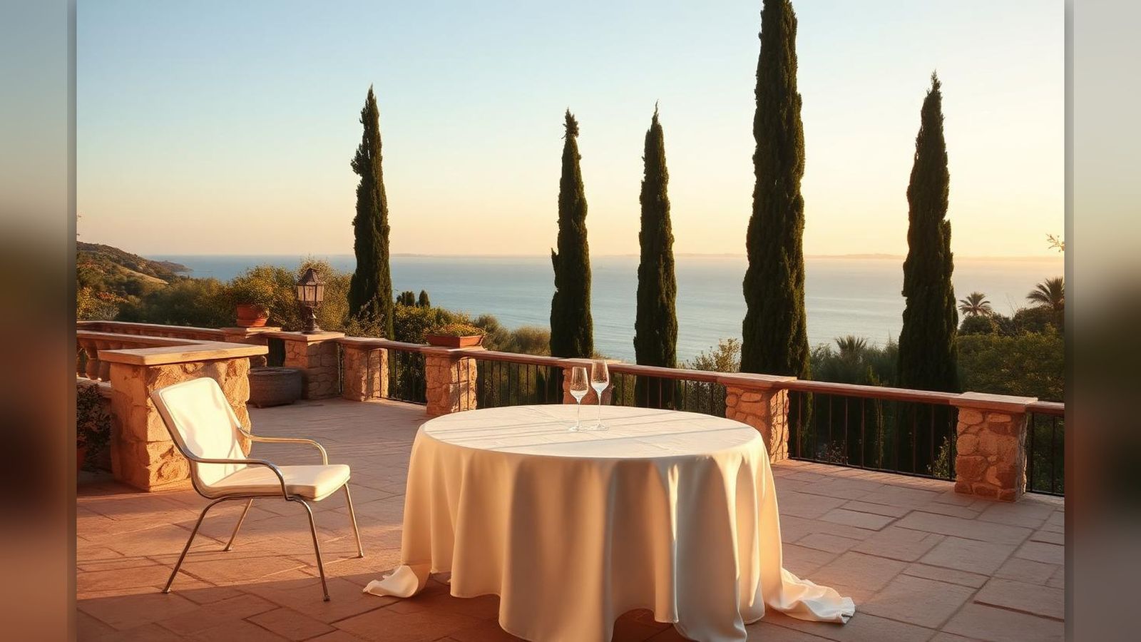 A Mediterranean villa terrace at golden hour, a white linen-draped table set with two glasses, cypress trees and the sea beyond.