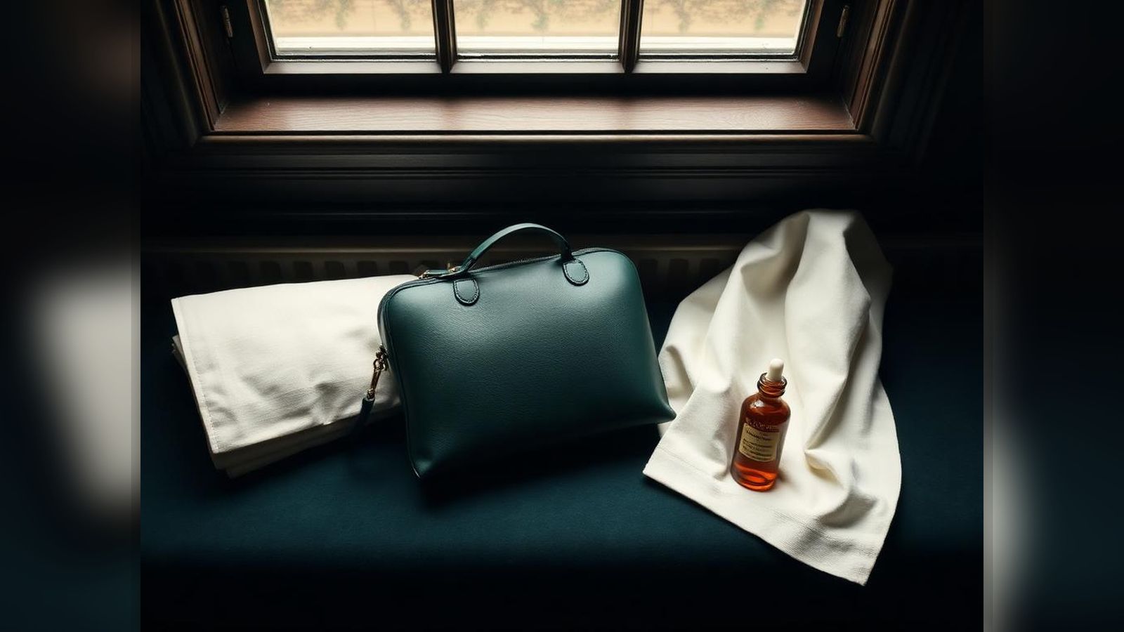 A discreet leather house-call bag beside a folded white cloth and an apothecary bottle.