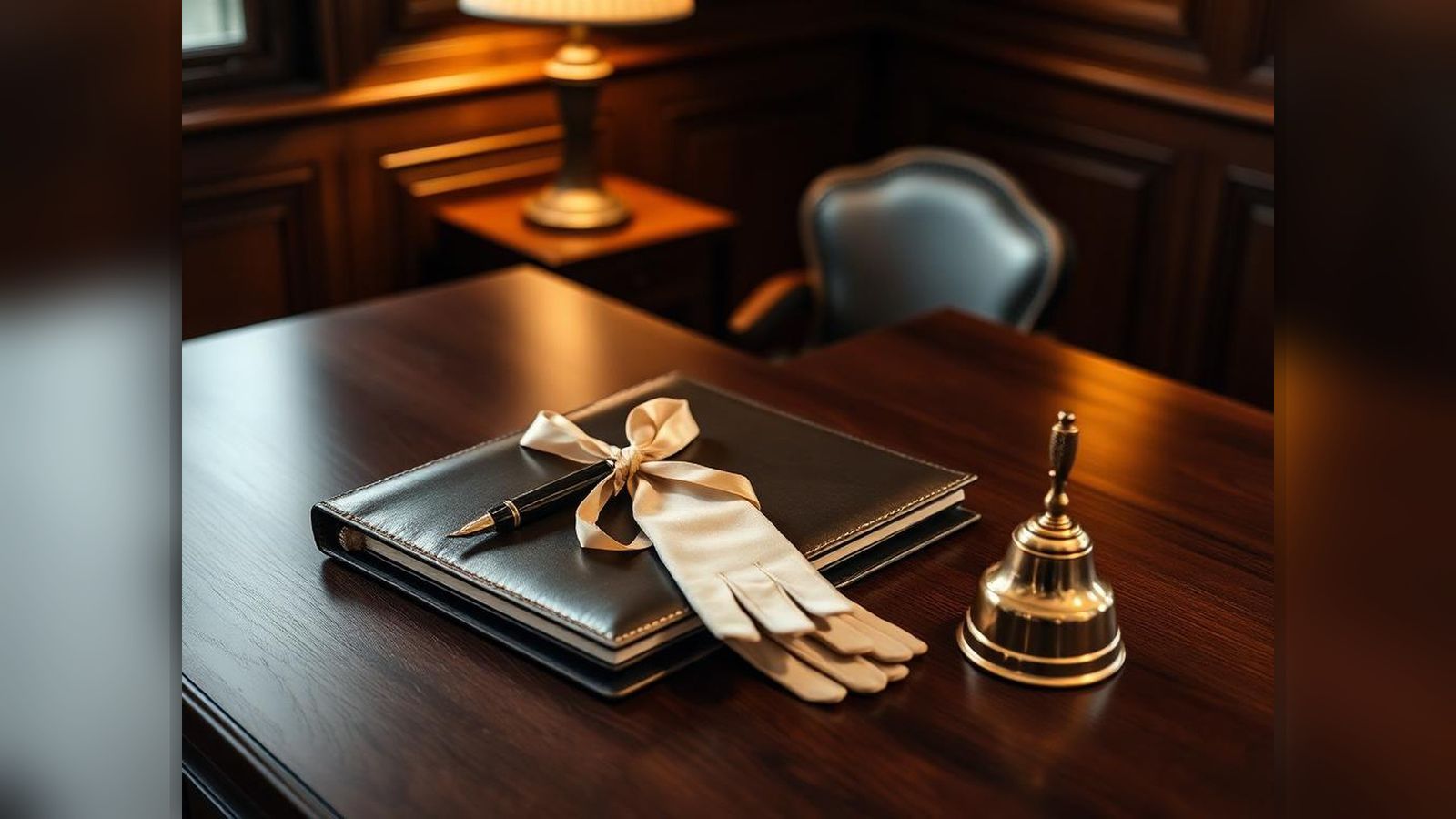 A leather-bound portfolio tied with a silk ribbon, a fountain pen, folded white cotton gloves and a small brass bell on a dark walnut desk in a wood-panelled private office.