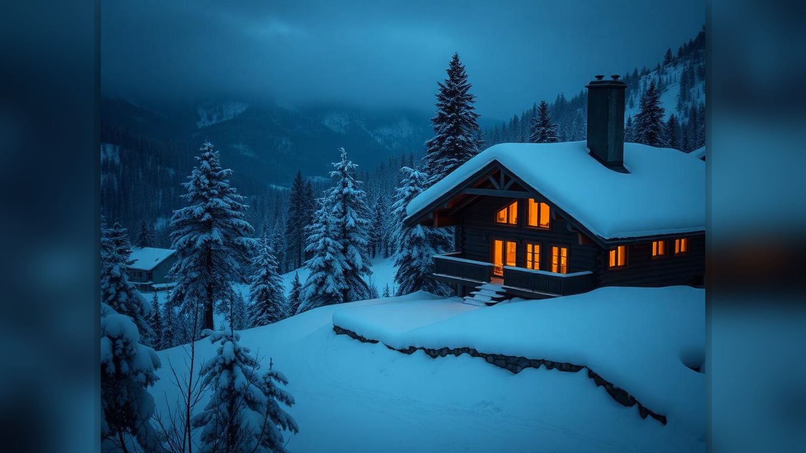 A snowy alpine chalet at dusk with warm light glowing from the windows.